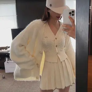 white Women's Cable Knit Cardigan & Pleated Skirt 2-Piece Set
