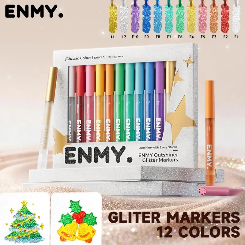 ENMY Glitter Markers Set, 12 Vibrant Colors with Pearlescent Ink, High Saturation Sparkle Effect Pens, Light Valve Feature, Versatile Use for Artists' Graffiti Art, DIY Creations