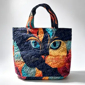 Boho Colorful Cat Artwork Quilted Tote Bag - Large Capacity Handbag, Shoulder Bag for Shopping, Travel, Cat Lovers' Gift