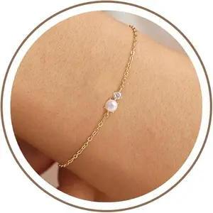 Mother Day Gift  Women’s 14K Plated Pearl Bracelet – Cultured Pearls & CZ Beaded Dainty Layered Bracelet, Bridal & Bridesmaid Jewelry Gift