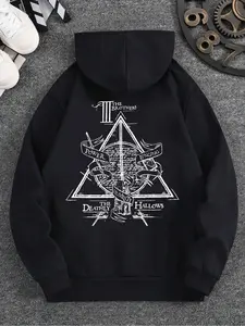 Iconic Men's Graphic Hooded Sweatshirt Boasting the Full Deathly Hallows Narrative Print with the Hallows Symbol, Legendary Relics, and Embroidered Words of Destiny and Choice