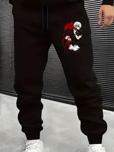 Comfortable Anime Print Pants • Men's Black Jogger Pants with Anime Character Print
