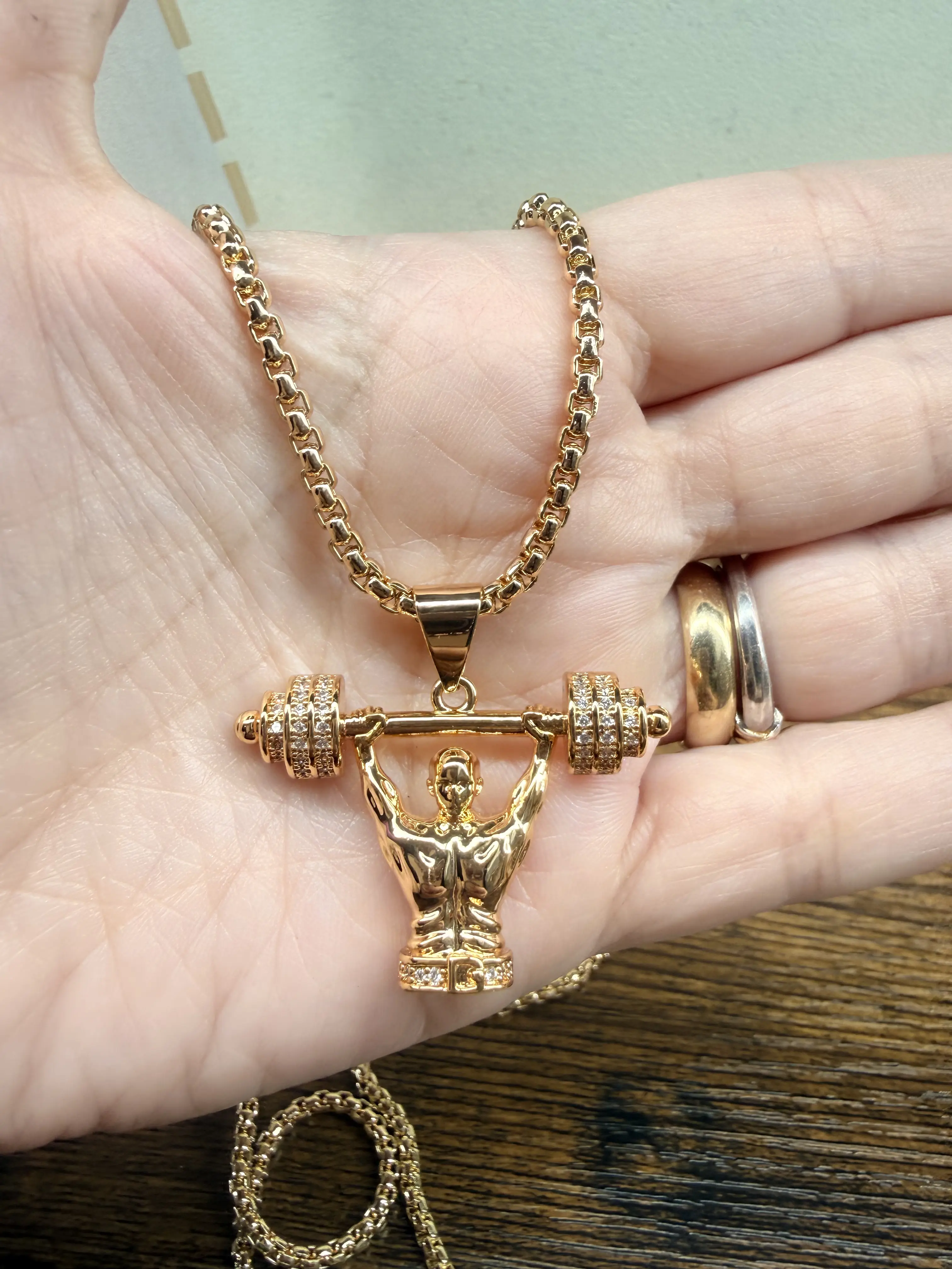 Men's Gold Tone Weightlifting Barbell Pendant Necklace – Cubic Zirconia Gym Charm Chain