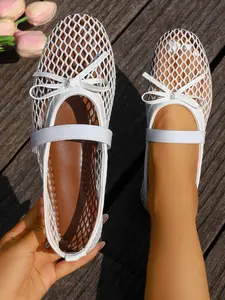 Fishnet Lattice Bow Mary Jane Flat Shoes, 2026 Summer New Mesh Ballet Style Single Shoe, Fashionable and Comfortable Footwear