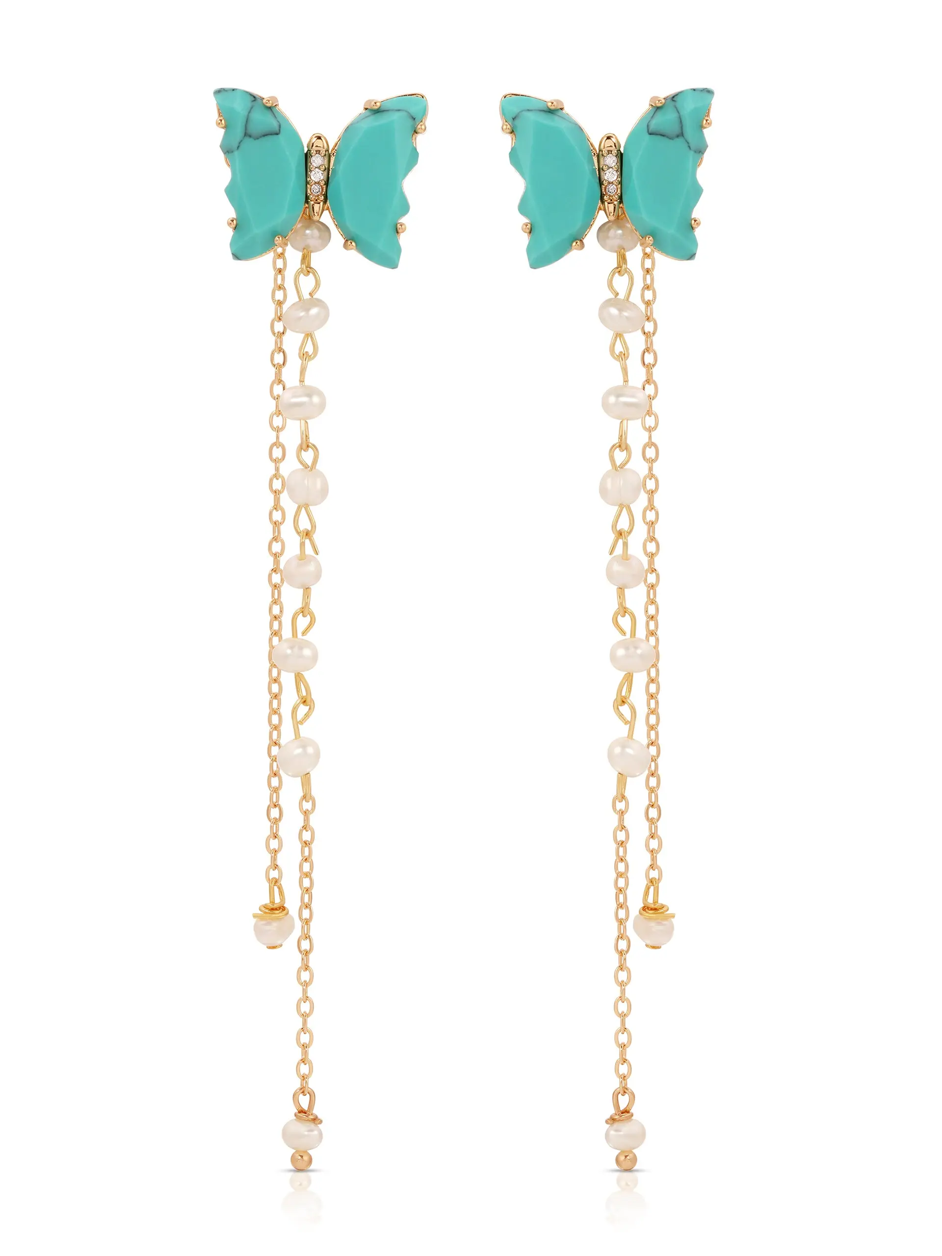 Ettika Turquoise Butterfly Dangle Earrings 18k Gold Plated Brass Reconstituted Turquoise Freshwater Pearl Post Closure 4.25" Length