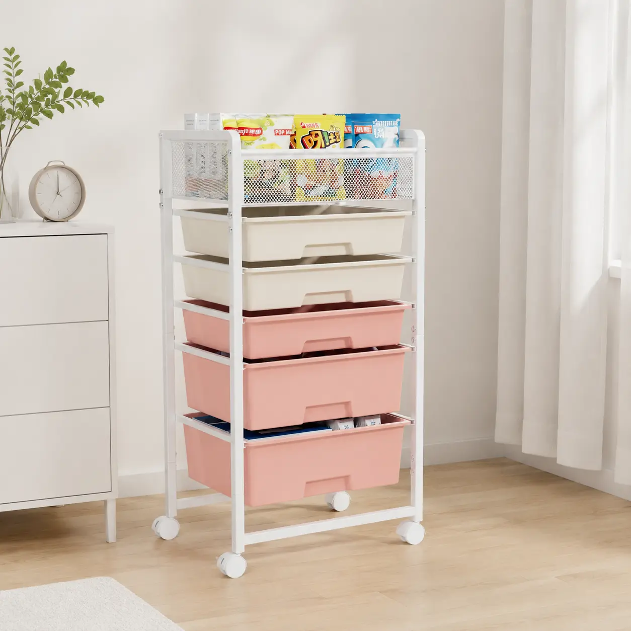 littleox White 5-Tier Rolling Utility Cart with Diamond Mesh Top Drawer, Metal Storage Organizer Trolley with Wheels for Kitchen, Bathroom, Office (5 Drawers)