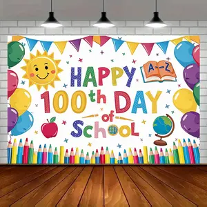 1pc Modern Farmhouse 100th Day of School Birthday Party Banner - Colorful Amber Glow Polyester Backdrop with Balloons, Pencils, Apples - Home Wall Decor, Photo Prop