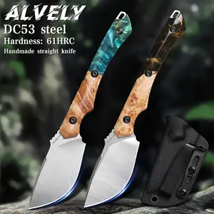 ALVELY Eggplant Knife, Handmade DC53 Steel with Scabbard, Men's EDC Belt Knife, Camping Knife, Fishing Travel Knife, Gift for Men