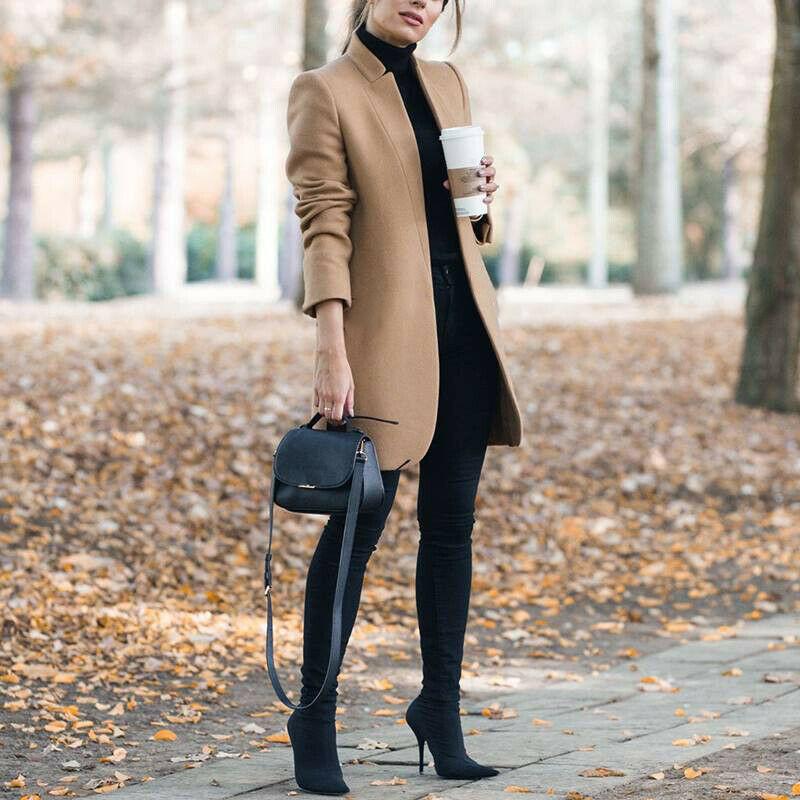 Women's Solid Color Collar Long-Sleeve Woolen Coat, Basic Navy Style, Polyester-Blend Fabric Women's Solid Color Collar Long-Sleeve Woolen Coat, Basic Navy Style, Polyester-Blend Fabric