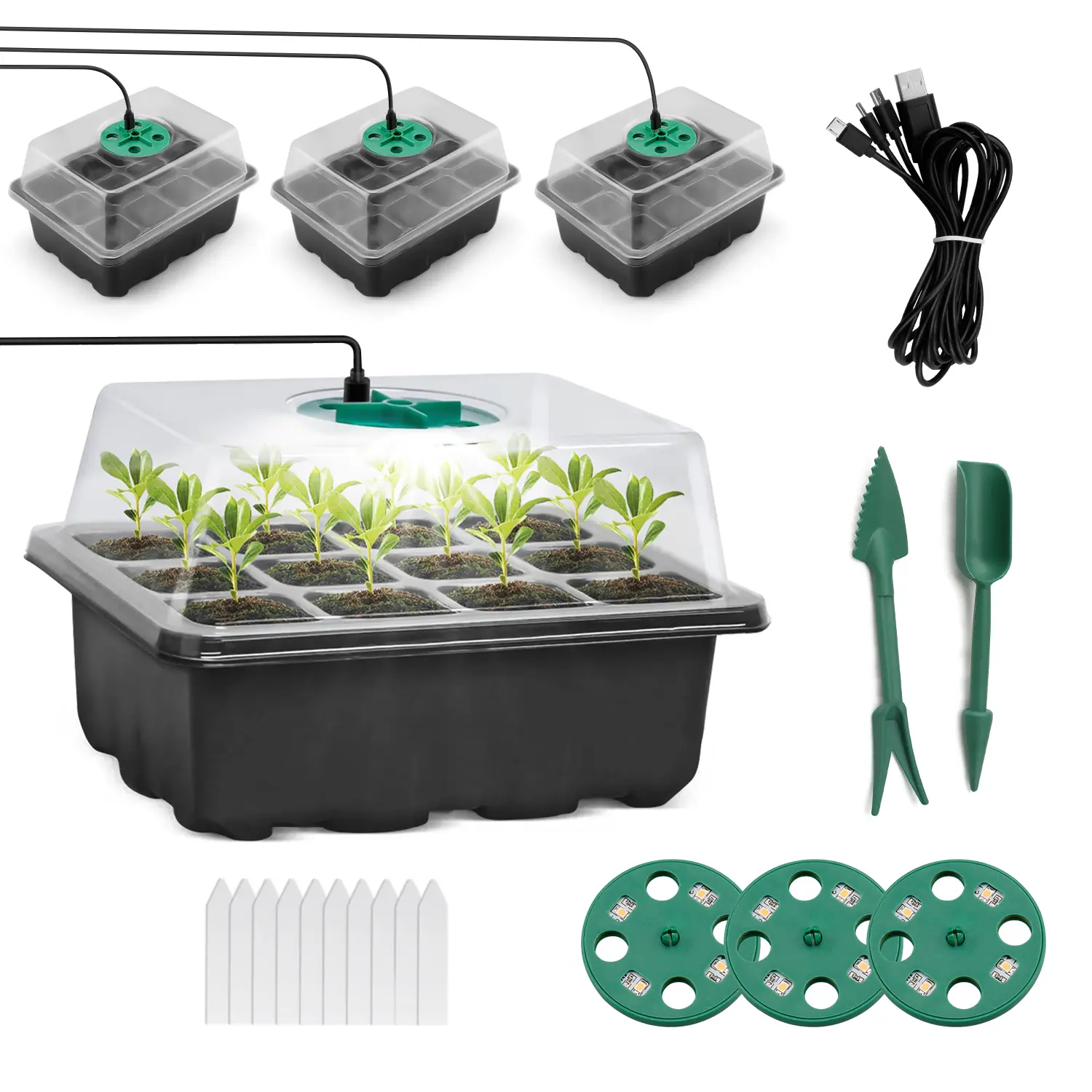 3-Pack Seed Starter Tray Kit - Mini Greenhouse Seed Propagation Station with Grow Light, Humidity Domes, Base for Home Outdoor Seedling Growing