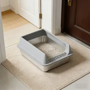 Oversized stainless steel cat litter box with splash-proof lid | Semi-enclosed, sand-proof design | Easy-to-clean surface, non-sticky and durable, suitable for indoor cats