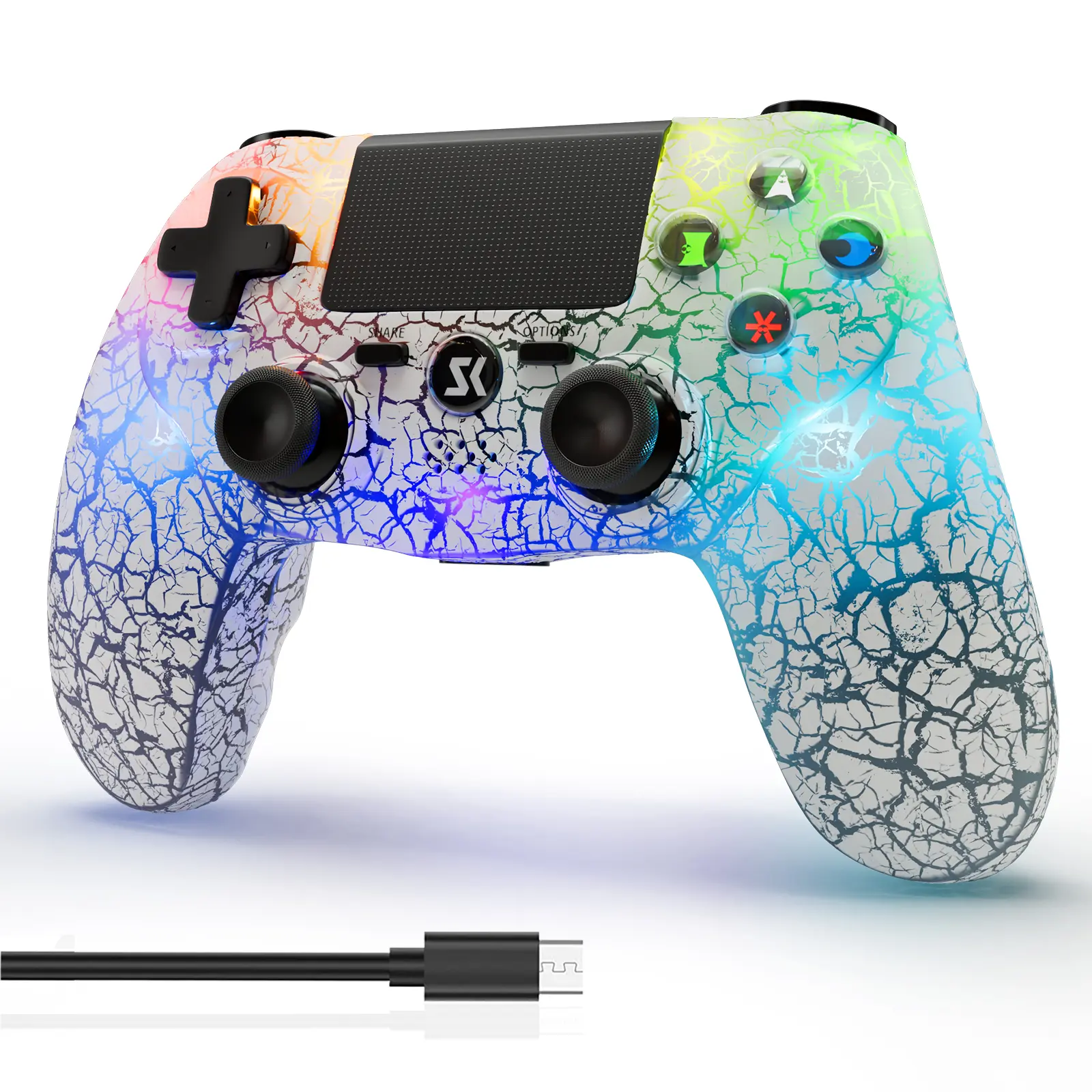 Wireless RGB Game Controller For PS4 PC Android iOS, Remote Control with LED lights, Double Vibration, Motion Sensor, Speaker, 3.5mm Audio Jack, Touch Pad, 1000mAh Battery, White
