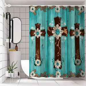 Rustic Country Shower Curtain, Distressed Turquoise Wooden Plank Design, Farmhouse Bathroom Decor, Flowers and Centers, Nature