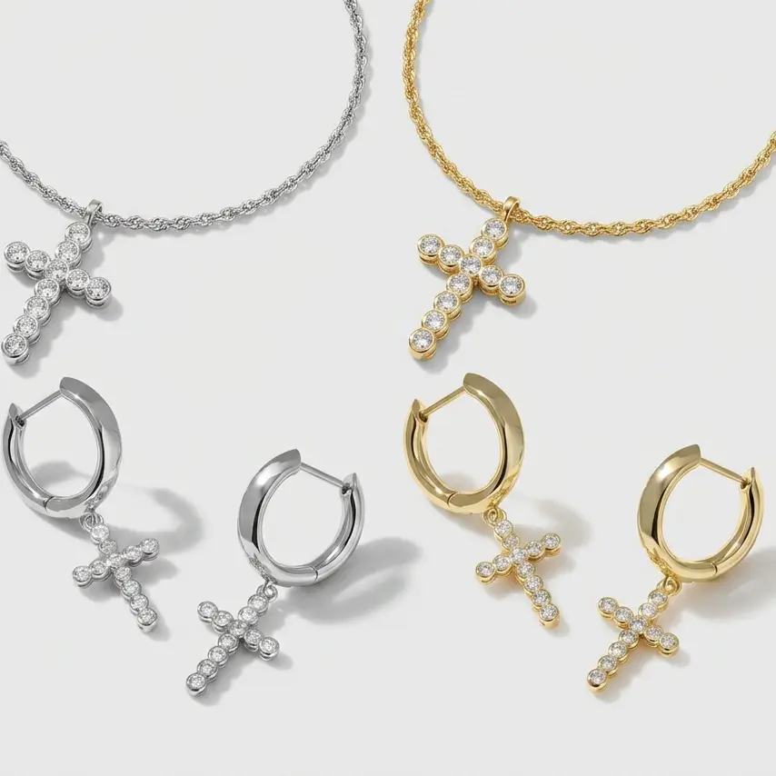 Kendra Scott jewelry set features sparkling crystal cross pendant necklace and matching earrings, with fine polished finish, perfect for daily wear and gifting, adds refined elegant flair to women's looks.