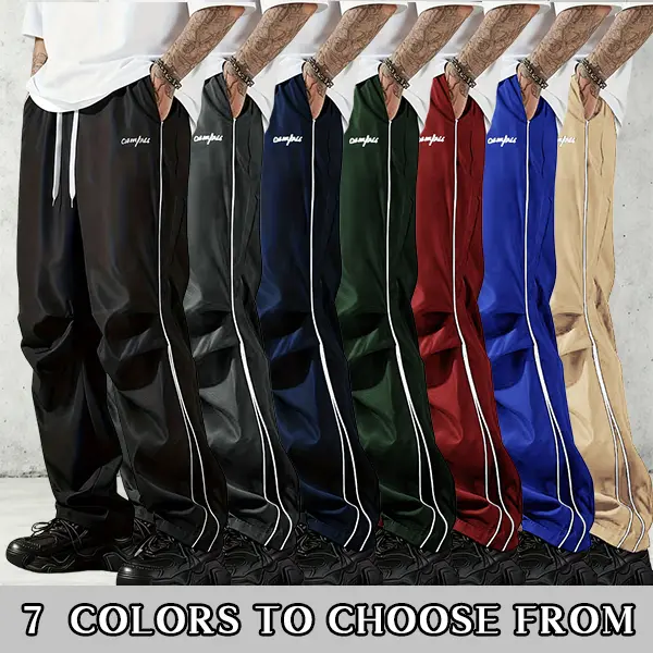 Men’s casual wide-leg long pants with white side stripes, drawstring waist, and letter print—trendy athletic design