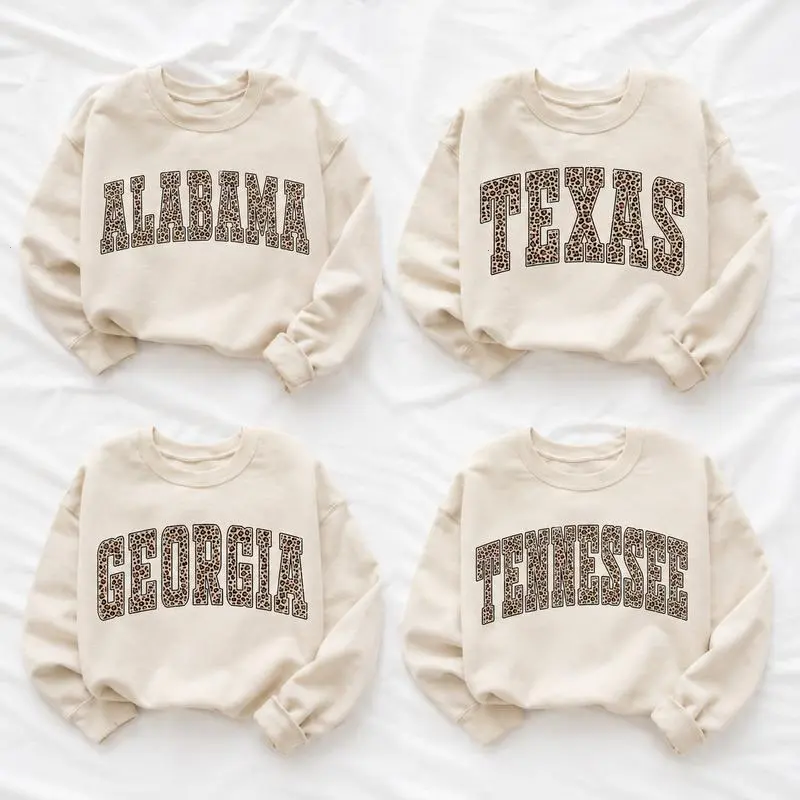 Leopard 50 States Sweater, Custom Any State Name Pullover Sweatshirt, College Leopard Print Shirt, Personalized State Gift for Her, Unisex Cotton Crewneck, Trendy Varsity Style Top