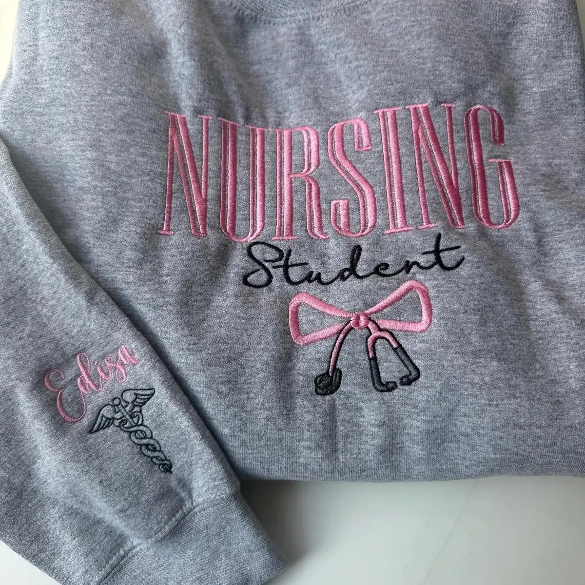 [MADE IN US] NURSING STUDENT Embroidered Hoodie, Bow Stethoscope, Nursing Sweatshirt, Embroidered Sweatshirt, Nursing School Gift Crewneck