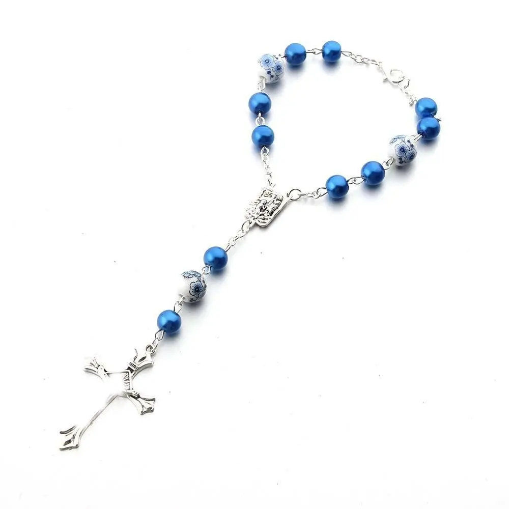 Car Rosary Beads with Mirror and Cross Pendant, Catholic Prayer Beads with Rose Medal, Ideal Car Decor Gift for Men and Women, Car Hanging Ornament, Car Hanging Decoration, Car Ornaments
