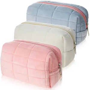 LMMAKE Plush Makeup Bag Checkered Cosmetic Travel Toiletry Bag Large Zipper Portable Multi Functional Capacity Cute Brushes Storage for Women Pink Blue