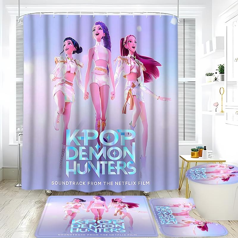 Creative K-Pop Demon Hunters Shower Curtain Set, Bathroom Accessories Kit with Mat, Toilet Lid Cover, Hooks, Two Specifications Available