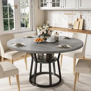 Garvee Round Dining Table in 42" and 47.2" sizes, farmhouse style with storage shelf, sturdy wood top and metal legs, seats 4-6, ideal for kitchen, dining, living, meeting rooms, and apartments