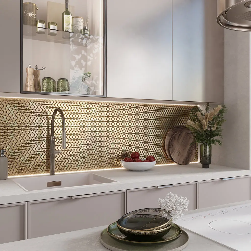Shimmer Gold 12x12 Glossy Uniform Triangle Glass Mosaic Tile (7 Cases, 72.38 sq ft/Pallet)