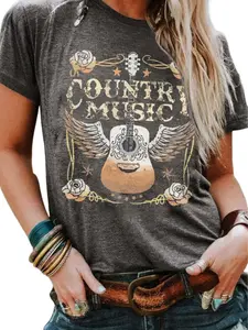 Gray COUNTRY MUSIC Guitar Graphic Print Crew Neck T Shirt