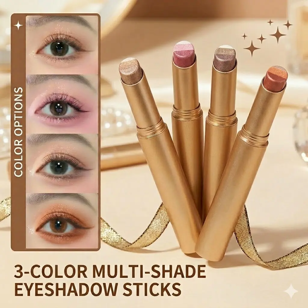 HOTMISSION 3-Color Eyeshadow Stick Cosmetic - Buy 1 Get 3 Free - Long-Lasting, Waterproof Velvet Creamy Eye Shadow, Portable Glittery Eyeshadow, Smudge-Proof, Easy Eye Makeup (Fine Shimmer Brownish Orange), Blend