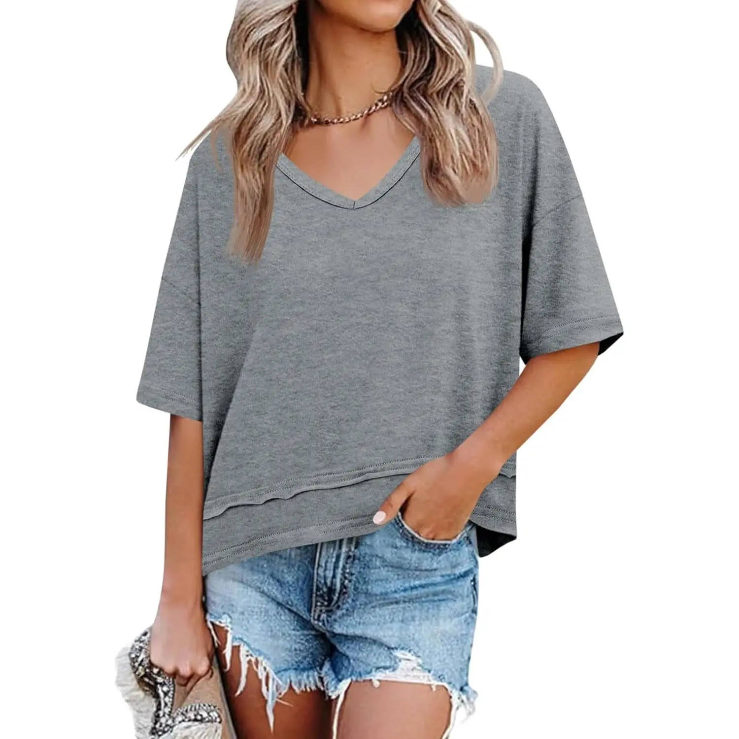 Imily Bela Womens Summer V Neck T Shirts Casual Short Sleeve Flowy Tops Cute Loose Fit Basic Tees