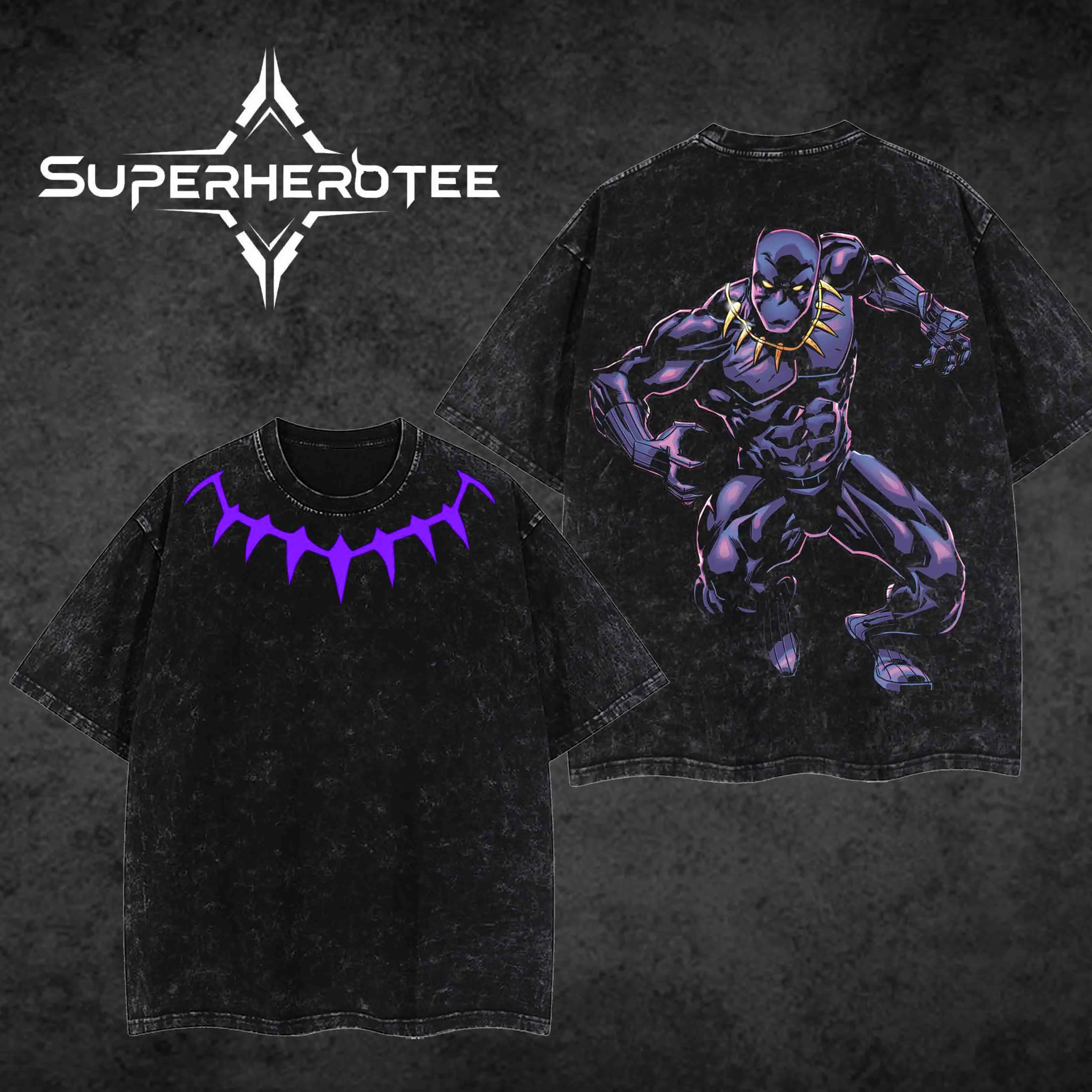 [ superhero tee ] Panther "T’Challa" King of Wakanda Superhero MCU Comics Edition Double Printed Oversize Lightweight Acid Washed Tee Hoodie Sweater TV Series Graphic Design Top Cotton Streetwear Comic Superheroes T-Shirt Clothes Menswear Womenswear