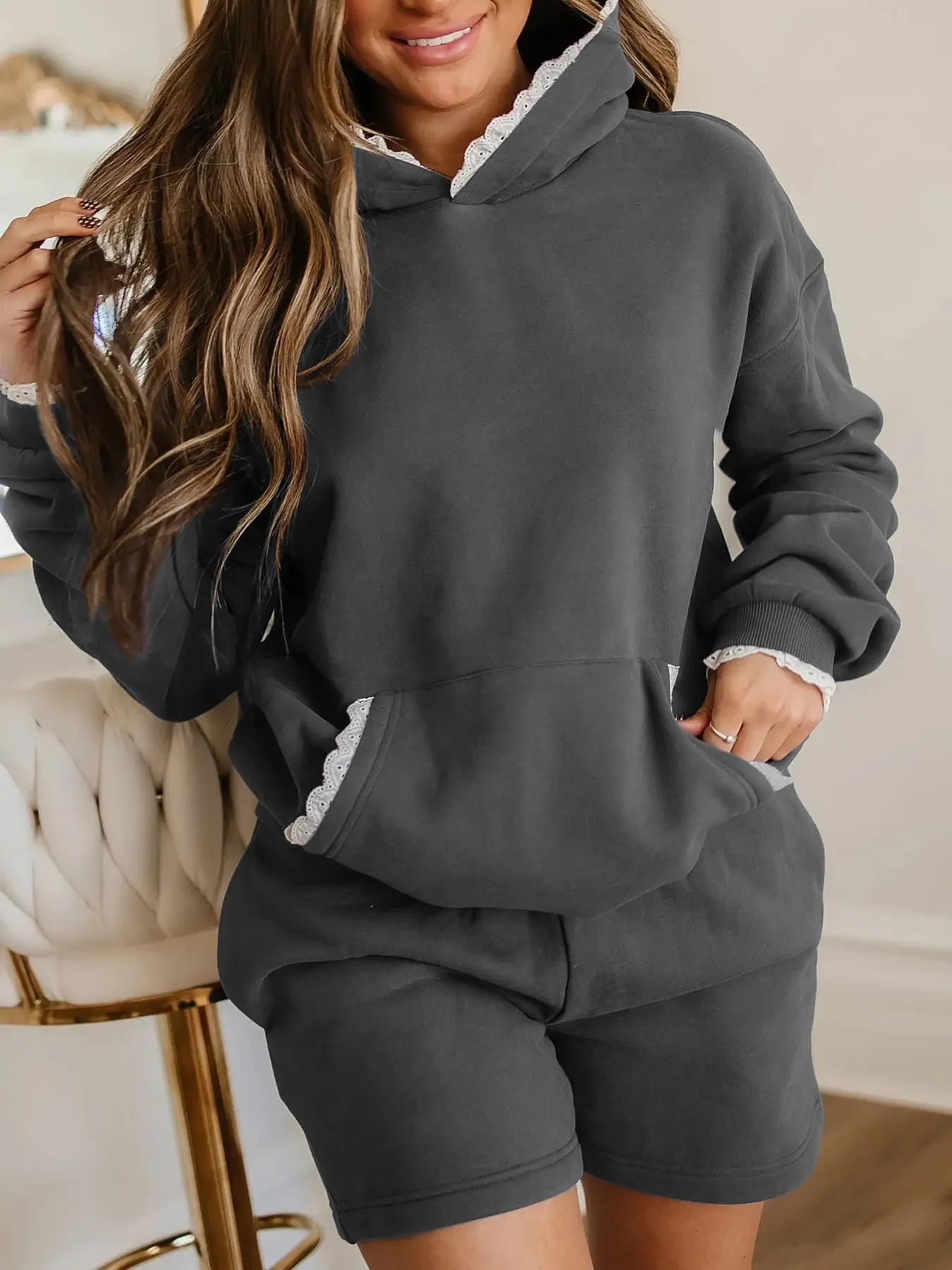 Women's 2-Piece Set - Lace Trim Hoodie & Boxer Shorts, Oversized Casual Co-ords