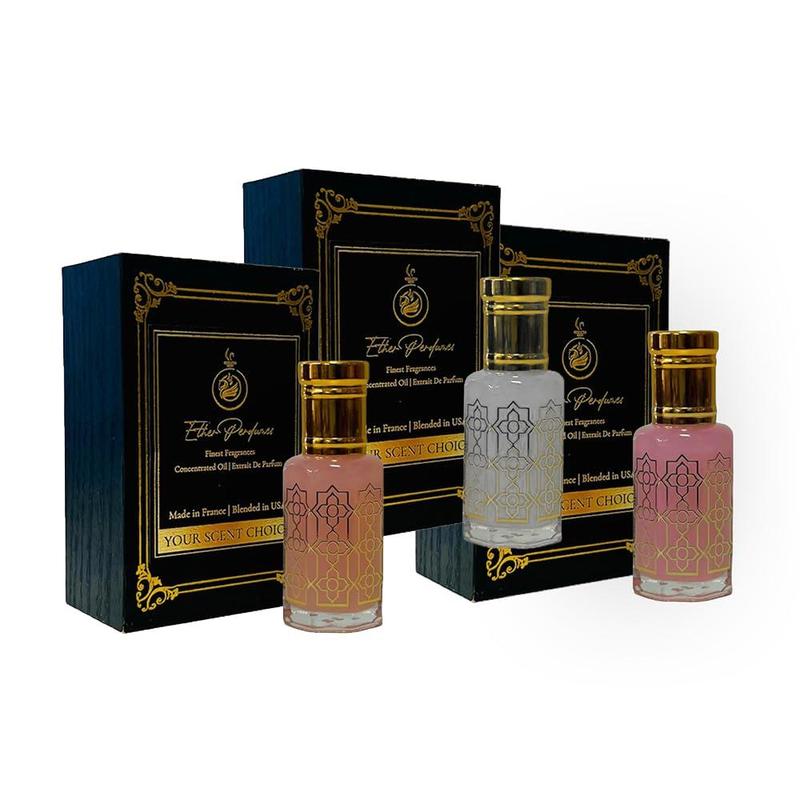 Ether Perfumes Musk Tahara Combo 3Pc Set 3 x 12mL - Alcohol Free Arabian Body Oil Perfume with Glass Dapper (WHITE MUSK+PINK MUSK+ BLUEBERRY MUSK)