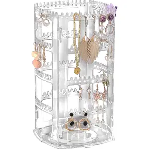Sooyee Earring Organizer,4 Layers Earring Holder,360 Degree Acrylic Earring Holder Organizer,Jewelry Display for Earrings Bracelets Necklaces, Clear