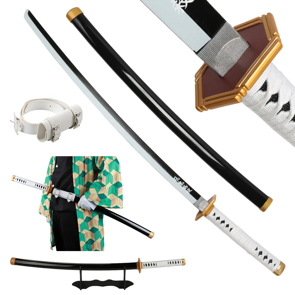 ELERVINO Demon Slayer Sabito Cosplay Toy Sabre, 41 inches Bamboo-Wooden Dull Plastic Blade, 1 White Belt & Holder Stand, 1.1 lb Easy Handling Prop for 12+ Anime Fans, Birthday Halloween Christmas New Year Gift