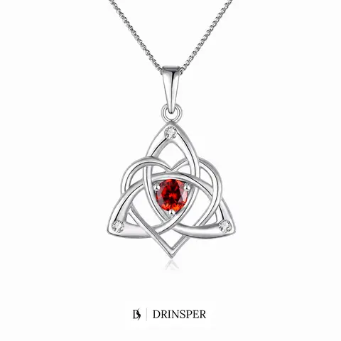 DRINSPER Women's Vintage Retro Ethnic Pattern Non-Natural Crystal Necklace, Silver-Plated Copper Triquetra Celtic Knot Heart Pendant with 12 Birthstone Options (Gemstone Center), Faith Love Unity Jewelry, Gifts for Female Adults for Birthdays