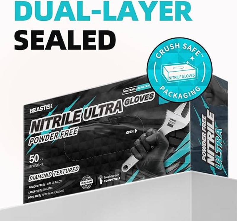 Nitrile Disposable Gloves, 8Mil Latex & Powder Free Chemical Resistant Heavy Duty Food Safe Diamond Glove Black 50Pcs