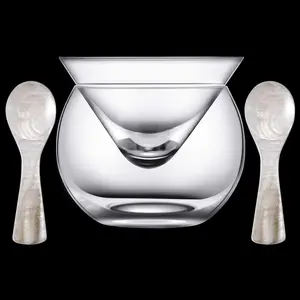 Glass Caviar Serving Set with 2 count Mother of  Spoons 3.2 Inch Caviar Dish Chiller Server Set with Ice Holder for Egg, Ice Cream, Coffee, Restaurant Serving