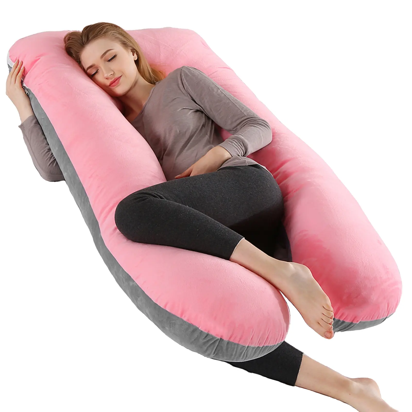 Comfortable Pink & Gray 43 Inch U-Shape Body Pillow for Enhanced Sleep Support and Relaxation with Removable Cover