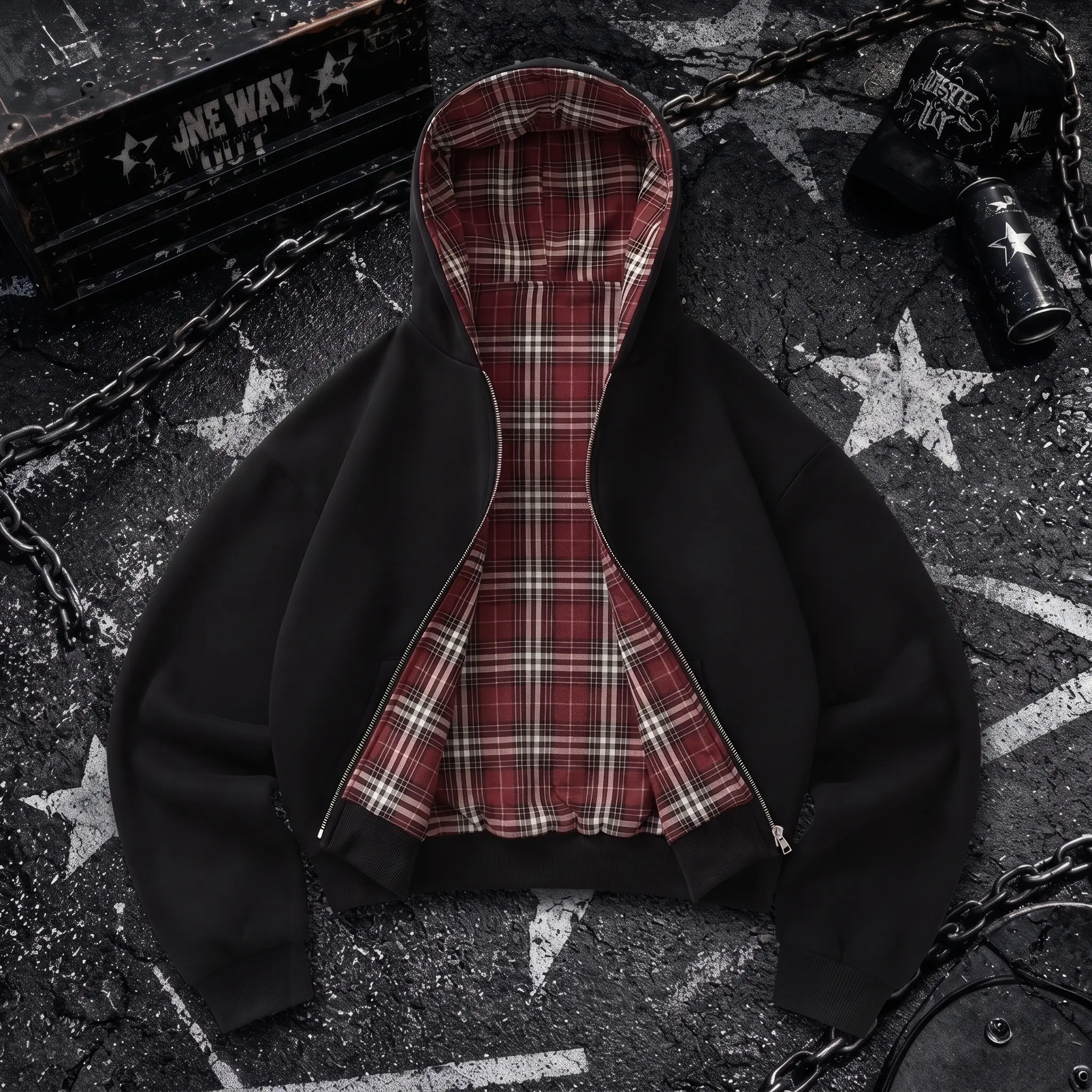 Men’s reversible zip-up hooded jacket with a cotton plaid lining; soft, breathable, quick-drying, loose short-length design. Two-way wear street-style outerwear suitable for daily commuting, campus life, shopping, weekend outings, and casual autumn/winter