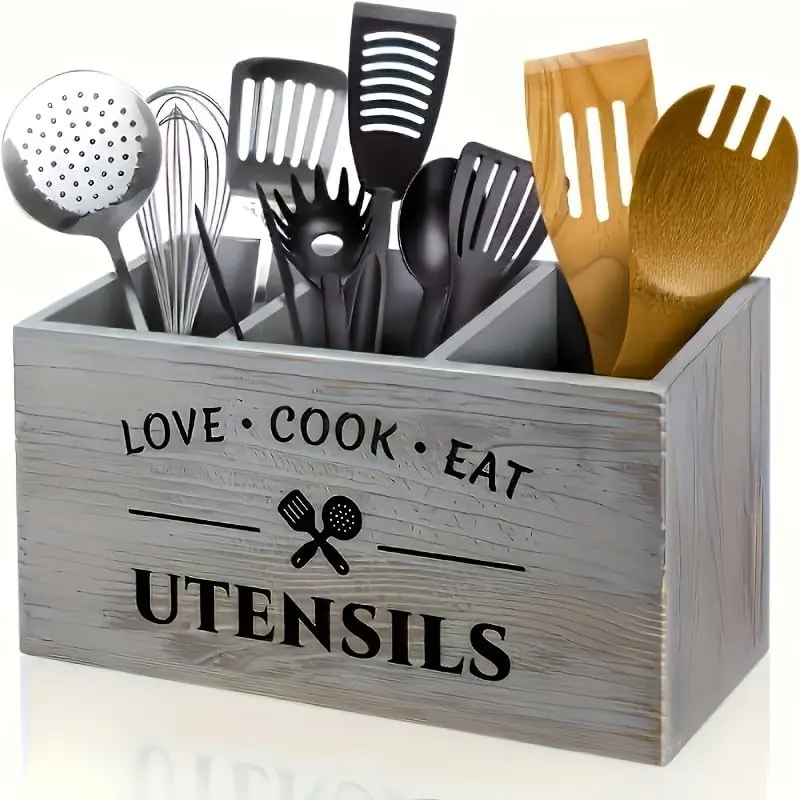 Kitchen Utensil Storage Box,  Wooden Kitchen Utensil Holder, Desktop Cutlery Storage Box, Home Organizer for Kitchen Accessories, Bedroom, Desk