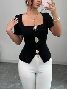 Women's Square Neck Slim Fit Top Chic, Metal Button Split Hem Short Sleeve Blouse