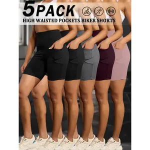 5 Pack 5" High Waisted Biker Shorts For Women With Pockets, Super Soft Tummy Control No See Through Workout Running Yoga Athletic Shorts, 6"Inseam Yoga