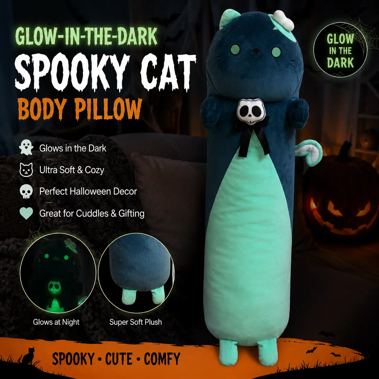 Night Glows Halloween Spooky Cat Plushie, 43.3" Long Soft Ghost Cat Plush Cuddle Body Pillow, Kids' Halloween Bedroom Decor, Birthday Gift, Holiday