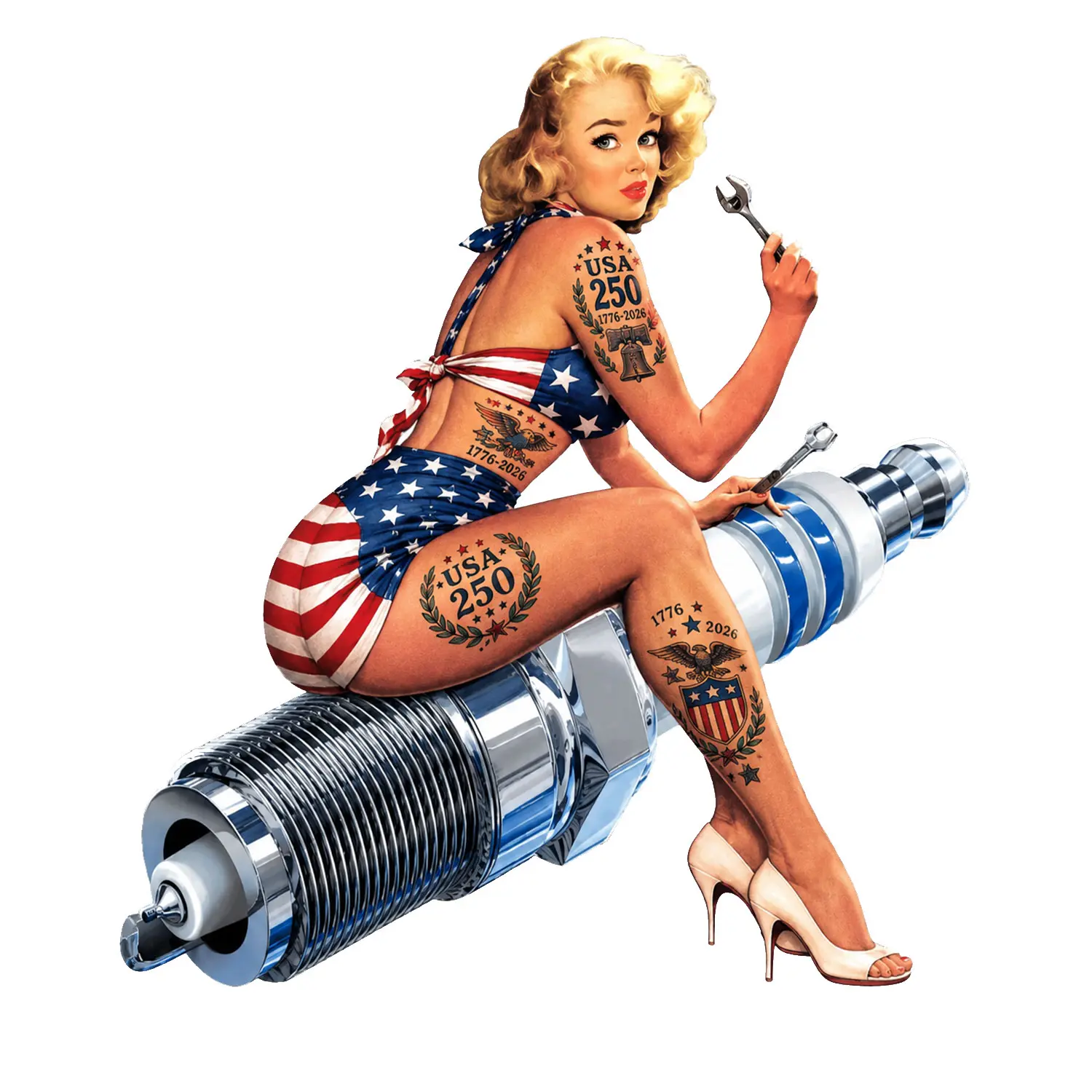 Vintage USA 250 Spark Plug Sticker, Patriotic Auto Mechanic Garage Decal with Classic Retro Style for Laptop, Water Bottle, Toolbox, Car