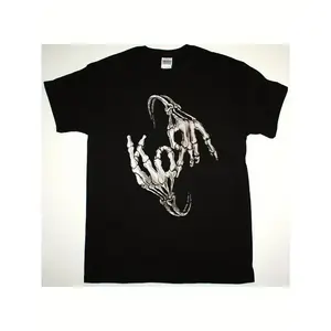 Men's Korn Skull Finger Logo T-Shirt - Casual Black Cotton T-Shirt, Loose Version, Durable and Machine Washable, Suitable for Casual Wear, Large Size ivan cornejo merch graphic tees shirts men men gifts Round Neck Shortsleeve Menswear Tropical Fabric Top