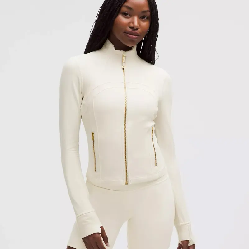lululemon define jacket with gold zipper cropped on a 5'4 person