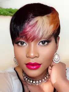  Short Pixie Cut Human Hair Wigs Natural Look Short Layered Bangs 1B Red Blonde Colorful Machine Made Wigs for Women