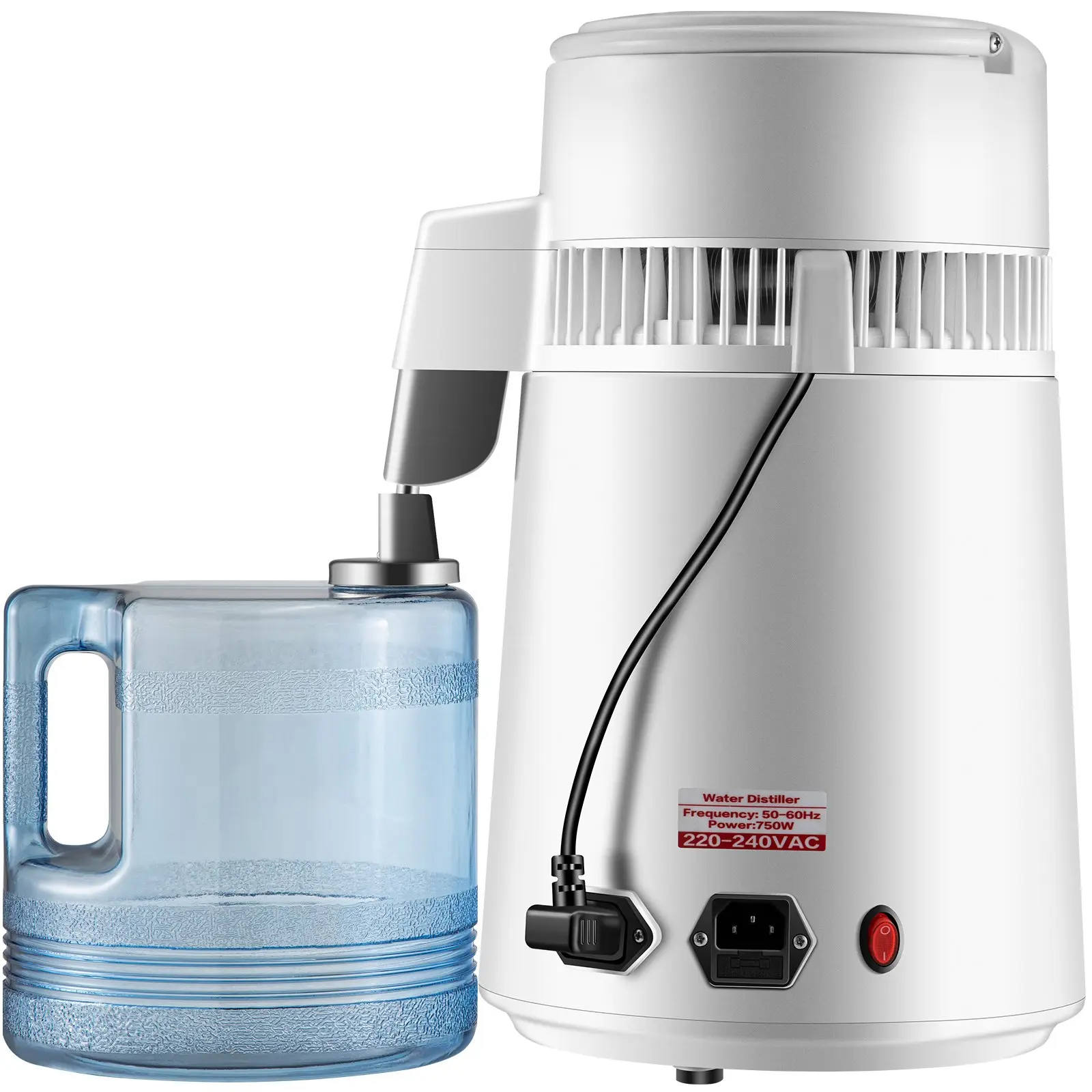 1Gal Water Distiller 0.3Gal/H 750W Distilled Water Maker Machine 0-99H Timing Set Temp Display 304 Stainless Steel Countertop Distiller Plastic Carafe 29 X 29 X 39cm With Handle