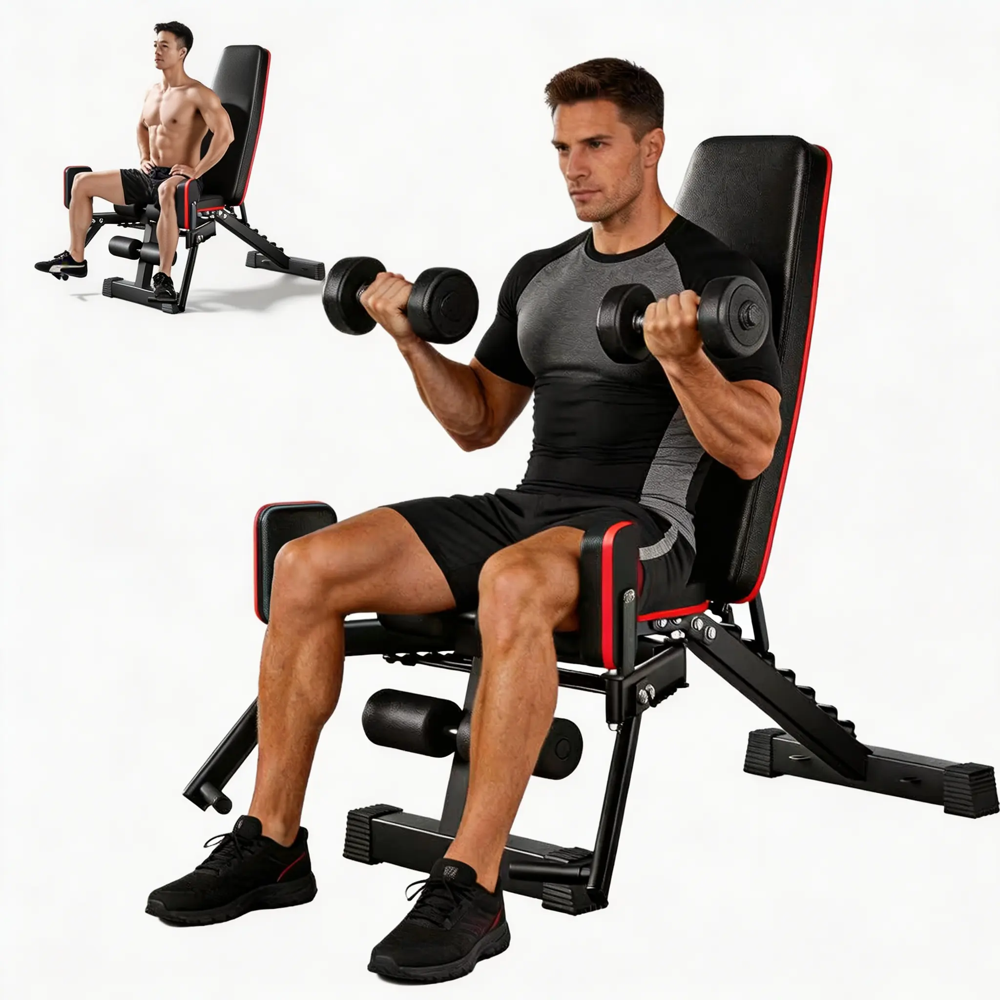 SAYGOGO Home Gym Weight Bench, 2-in-1 Adjustable Bench with Hip Abduction & Resistance Ropes, Compact for Apartment & Garage