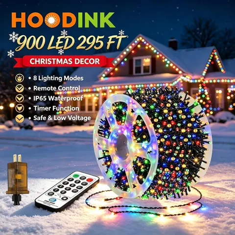 Hoodink 900-LED 295ft Fairy Christmas Light String - 8 Modes, Timer, Remote Control - Outdoor Indoor Decorative Lights, Courtyard, Garden Patio Decor, Decor for Weddings, Decorations Supplies